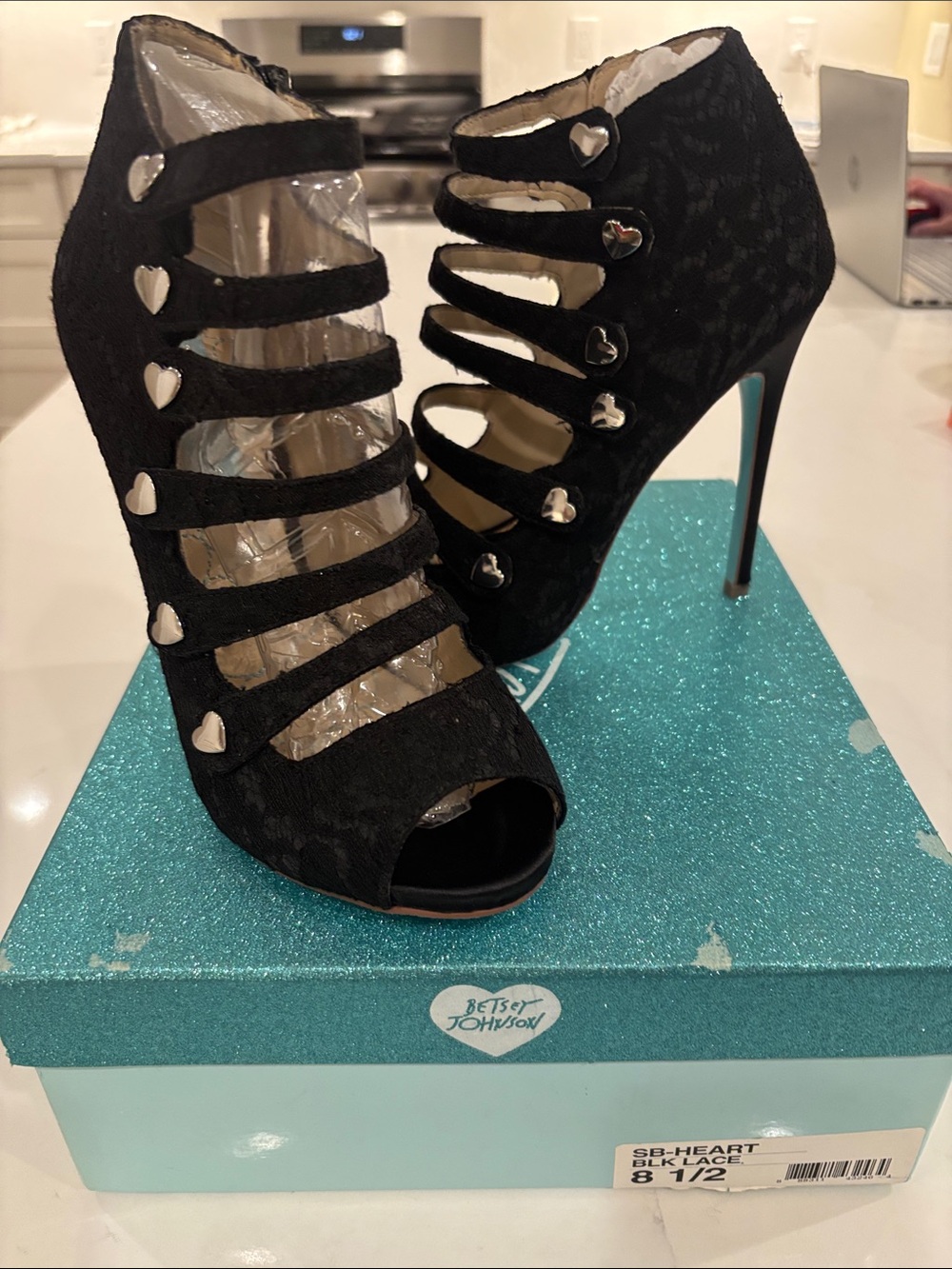 Betsey Johnson Black Strappy Heart-Button Peep-Toe Heels